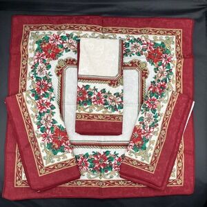 Set of 4 Fashion Ind Christmas Poinsettia Napkins Linens Square 17"x17" Burgundy